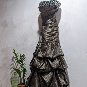 Oiled Bronze Pinstripe Jeweled Strapless Prom Dress